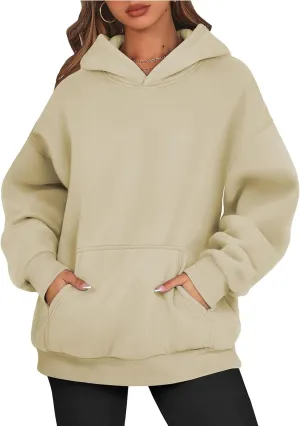 Women's Fashion Loose Fall Hooded Sweatshirt Solid Color Casual Daily Long Sleeve Fleece Sweaters Pullover with Pocket