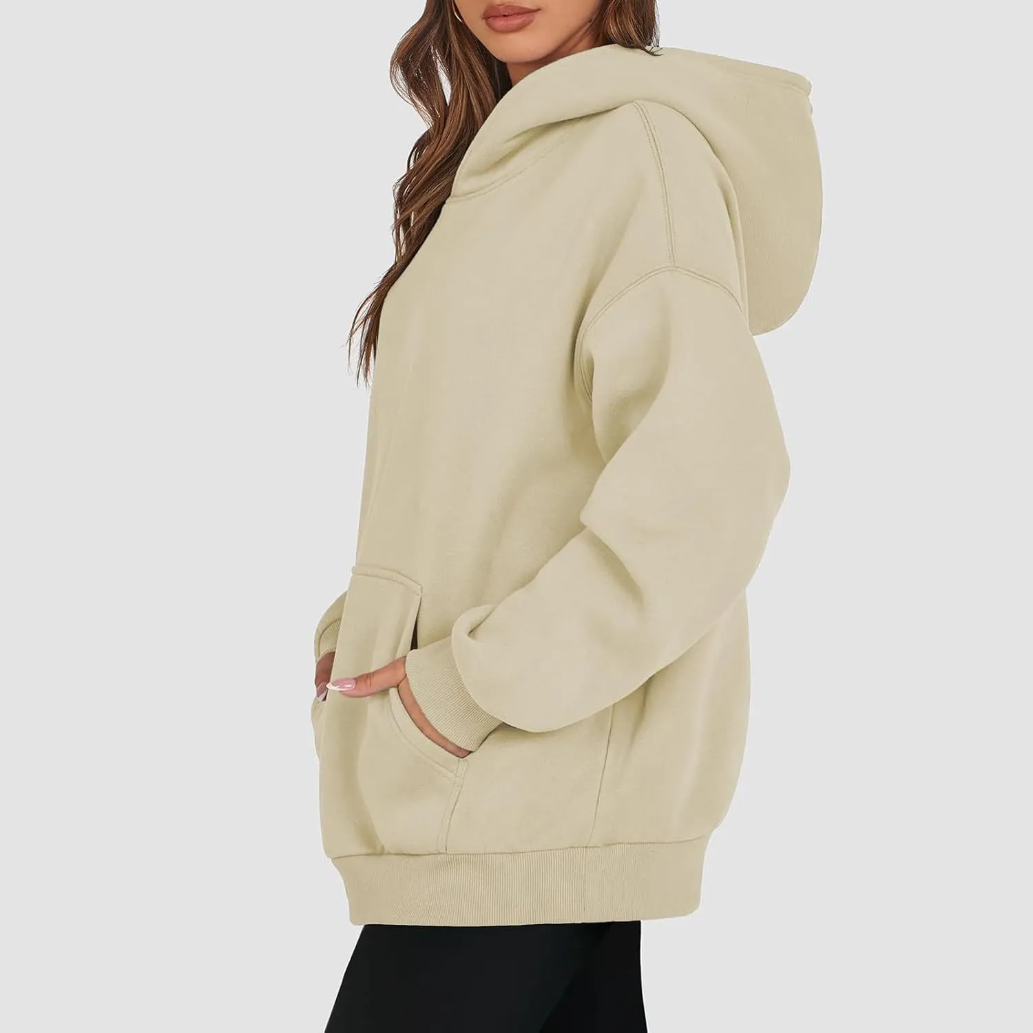 Women's Fashion Loose Fall Hooded Sweatshirt Solid Color Casual Daily Long Sleeve Fleece Sweaters Pullover with Pocket