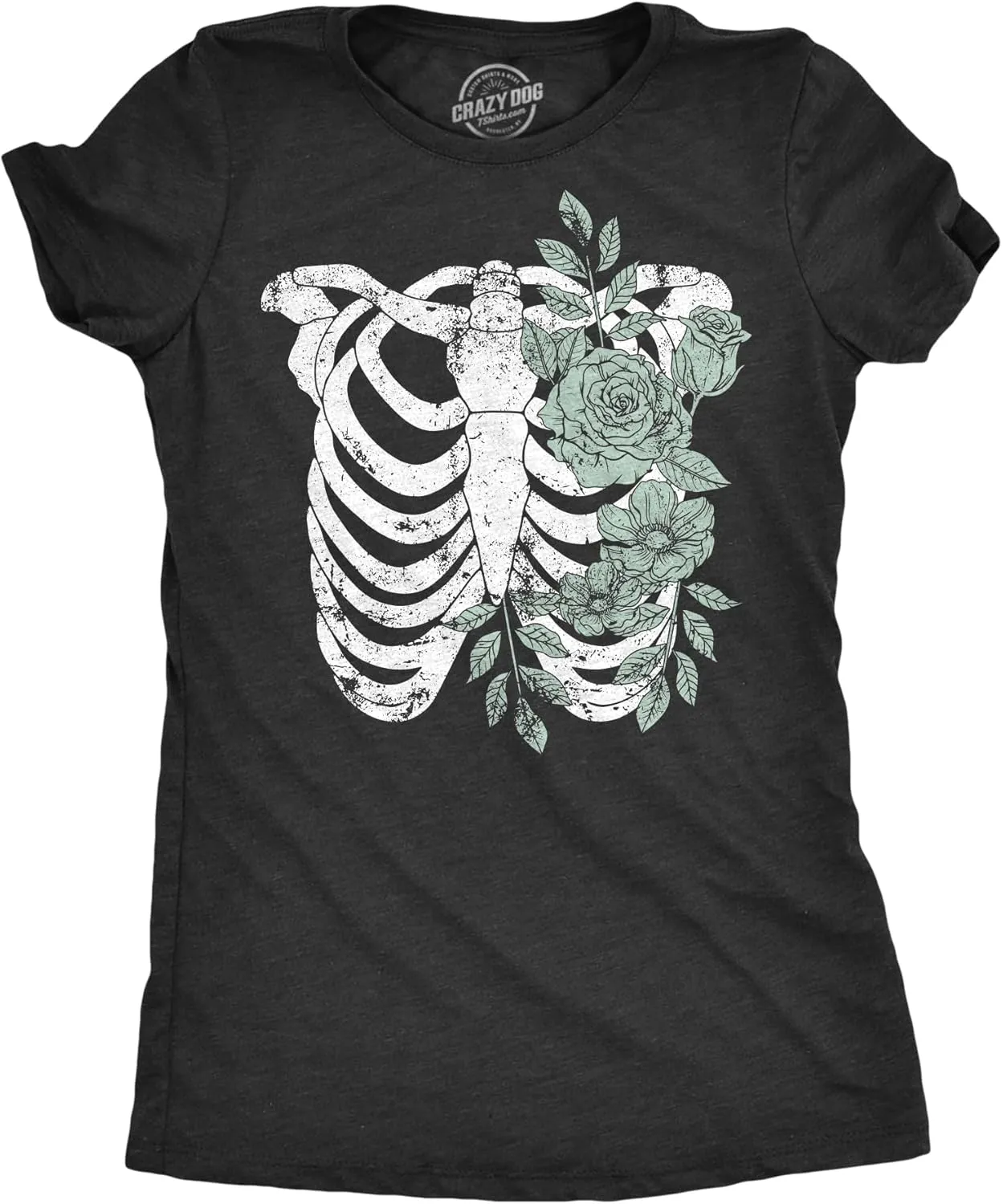Womens Floral Ribcage T Shirt Funny Halloween Skeleton Flower Ribs Tee for Ladies