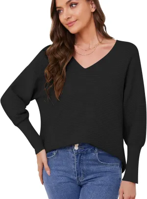 Women's Pullover Sweaters 2025 Spring V Neck Lantern Long Sleeve Ribbed Knitted Oversized Stretchy Pullover Tops