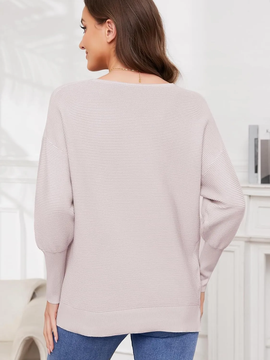 Women's Pullover Sweaters 2025 Spring V Neck Lantern Long Sleeve Ribbed Knitted Oversized Stretchy Pullover Tops