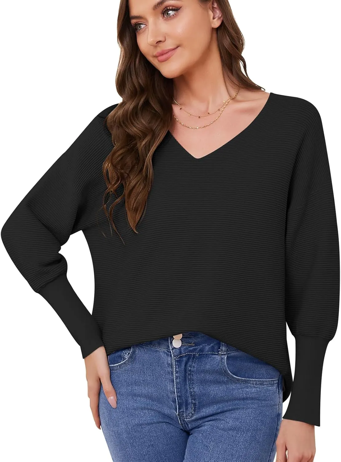 Women's Pullover Sweaters 2025 Spring V Neck Lantern Long Sleeve Ribbed Knitted Oversized Stretchy Pullover Tops