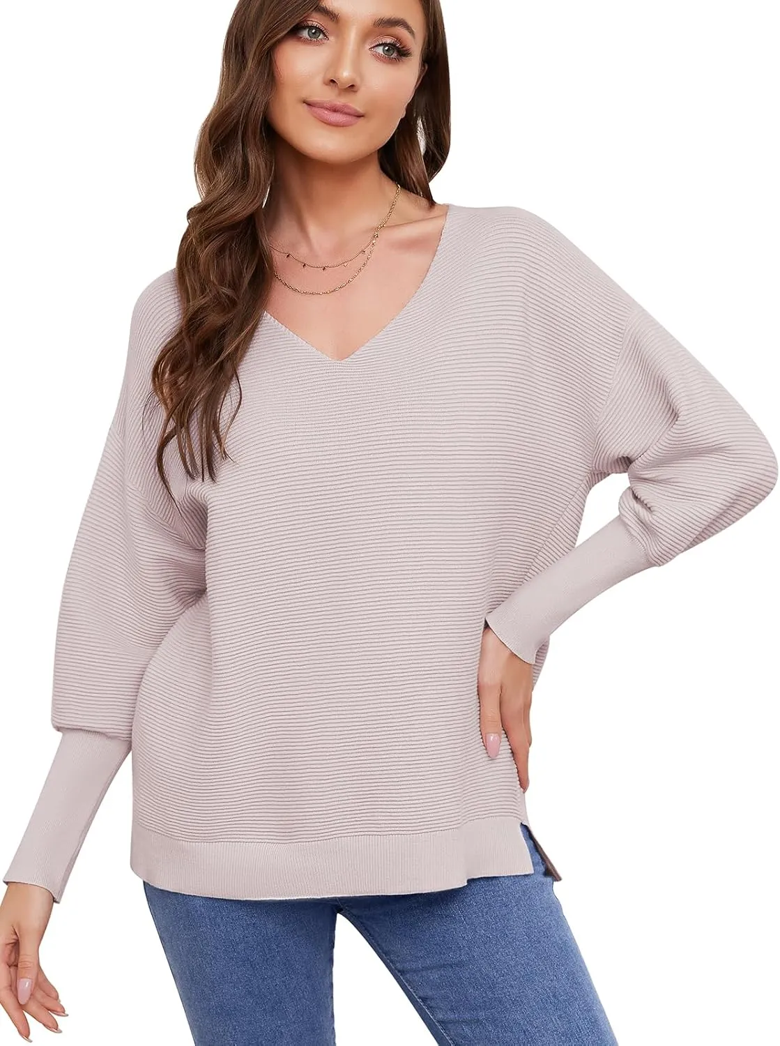 Women's Pullover Sweaters 2025 Spring V Neck Lantern Long Sleeve Ribbed Knitted Oversized Stretchy Pullover Tops