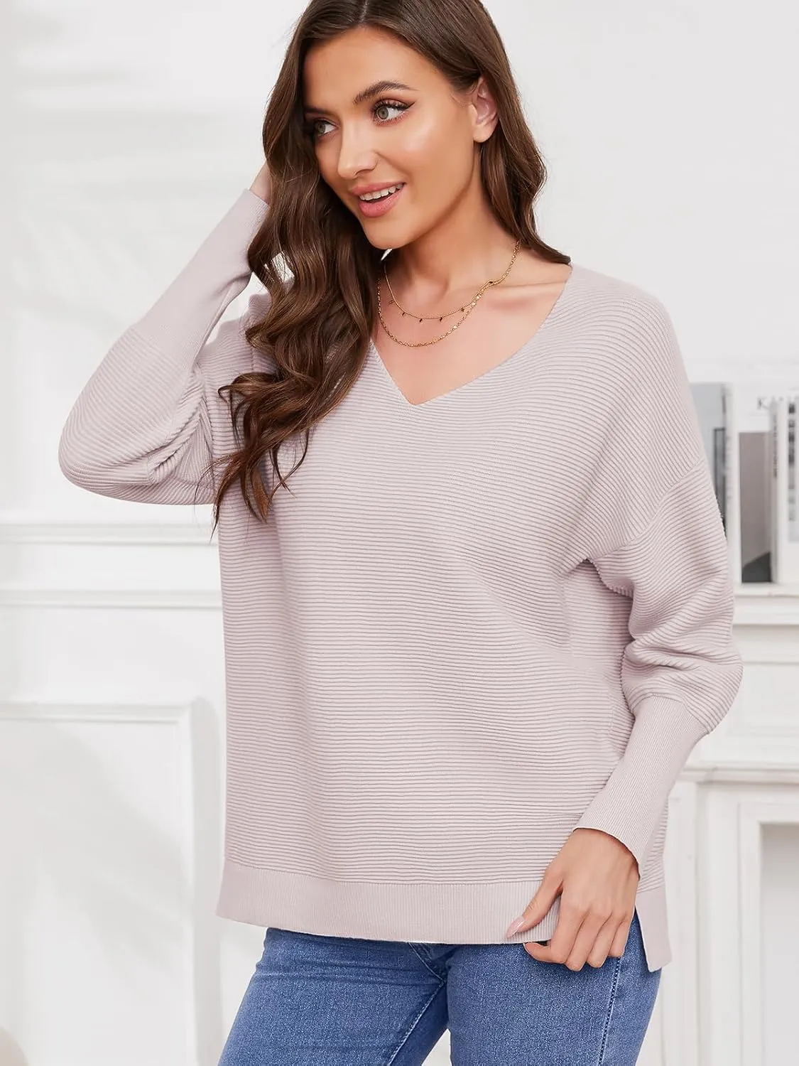 Women's Pullover Sweaters 2025 Spring V Neck Lantern Long Sleeve Ribbed Knitted Oversized Stretchy Pullover Tops