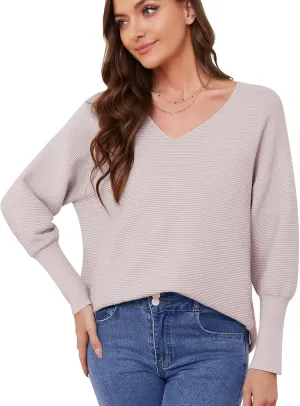 Women's Pullover Sweaters 2025 Spring V Neck Lantern Long Sleeve Ribbed Knitted Oversized Stretchy Pullover Tops