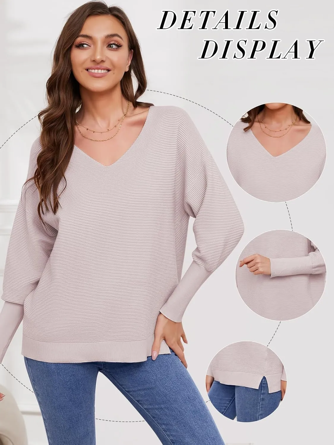 Women's Pullover Sweaters 2025 Spring V Neck Lantern Long Sleeve Ribbed Knitted Oversized Stretchy Pullover Tops