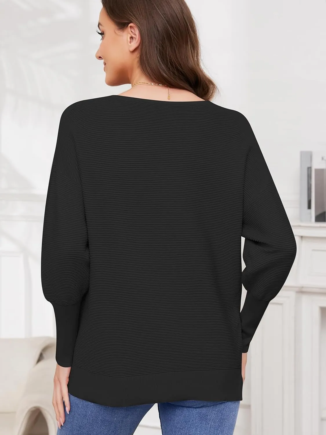 Women's Pullover Sweaters 2025 Spring V Neck Lantern Long Sleeve Ribbed Knitted Oversized Stretchy Pullover Tops
