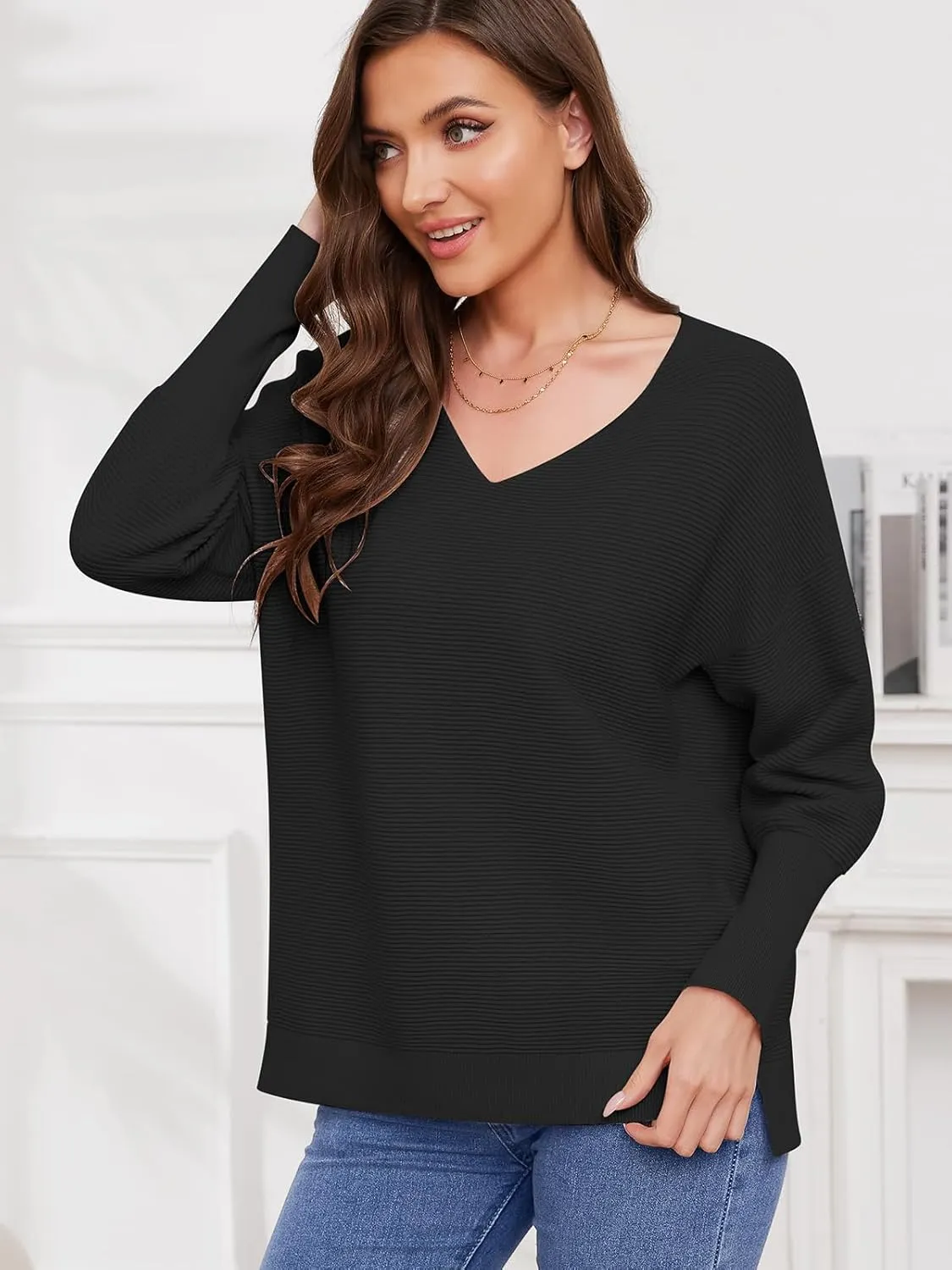 Women's Pullover Sweaters 2025 Spring V Neck Lantern Long Sleeve Ribbed Knitted Oversized Stretchy Pullover Tops