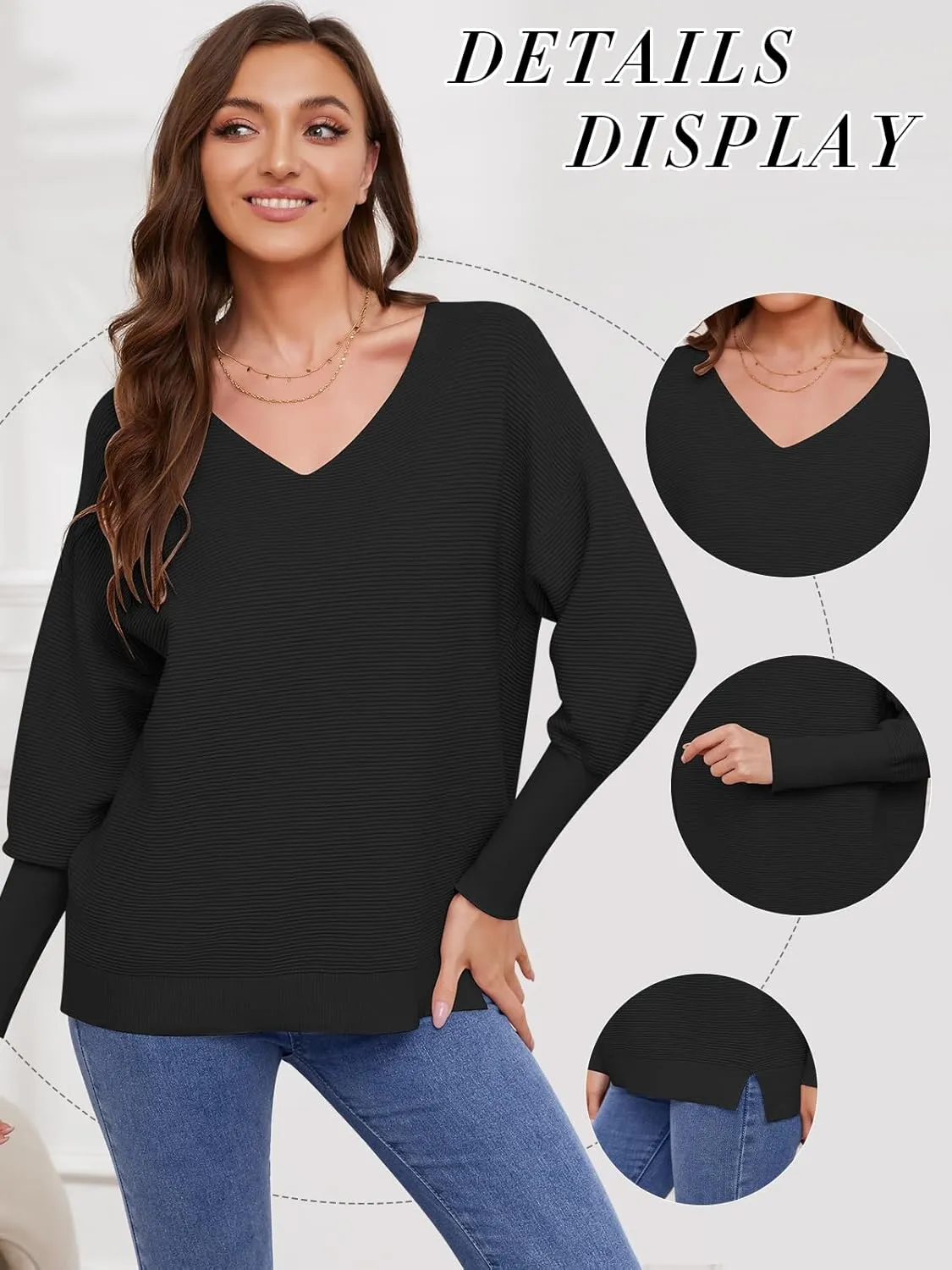 Women's Pullover Sweaters 2025 Spring V Neck Lantern Long Sleeve Ribbed Knitted Oversized Stretchy Pullover Tops
