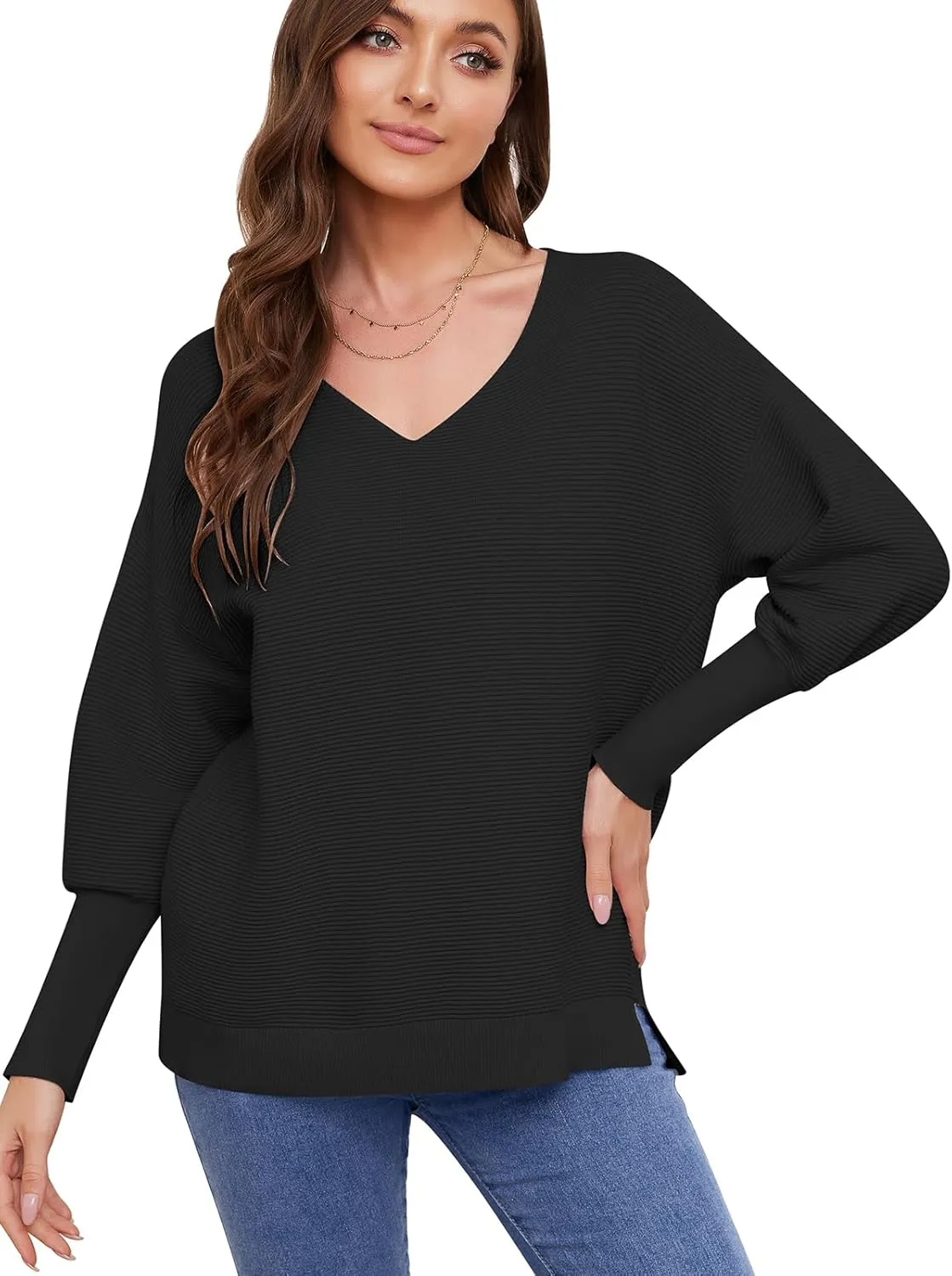 Women's Pullover Sweaters 2025 Spring V Neck Lantern Long Sleeve Ribbed Knitted Oversized Stretchy Pullover Tops