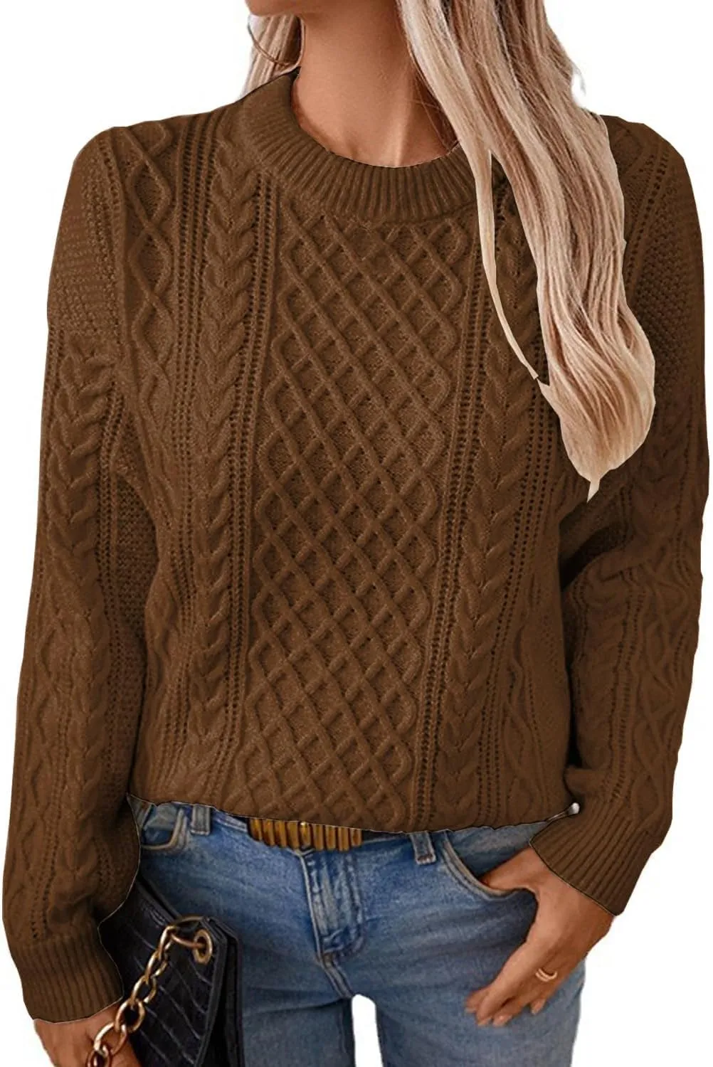 Womens Vintage Pullover Crewneck Cable Knit Sweaters Fall Winter Casual Oversized Chunky Jumper Tops Clothes